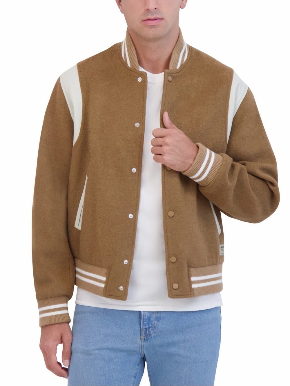 Hudson Men's Varsity Jacket with Faux Leather Trim - Tan